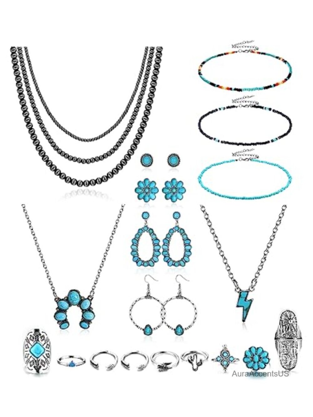 Turquoise Western Boho Jewelry Set Earrings Necklaces Rings